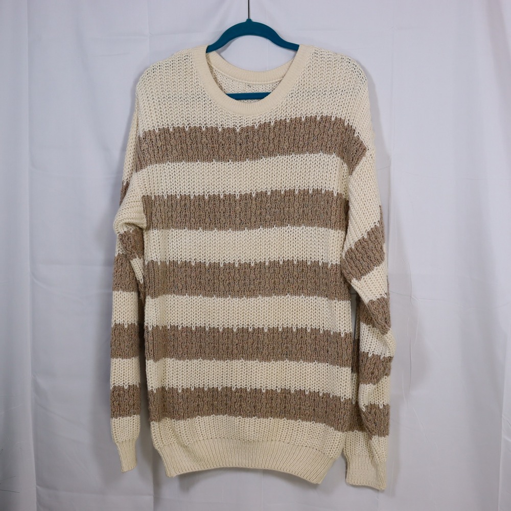 Unbranded Striped Knit Sweater Mens XL Cream Tan‎ Crewneck Coastal Pullover